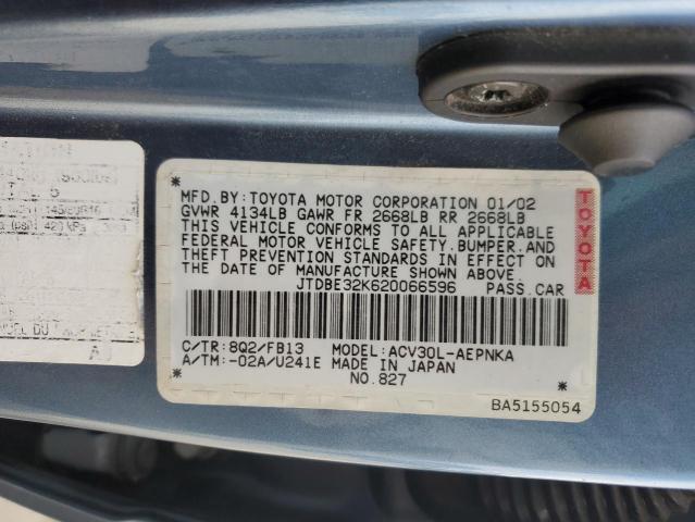 JTDBE32K620066596 - 2002 TOYOTA CAMRY LE BLUE photo 12