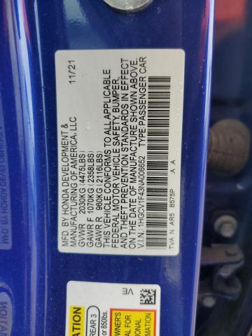 1HGCV1F43NA006652 - 2022 HONDA ACCORD SPORT SE BLUE photo 12