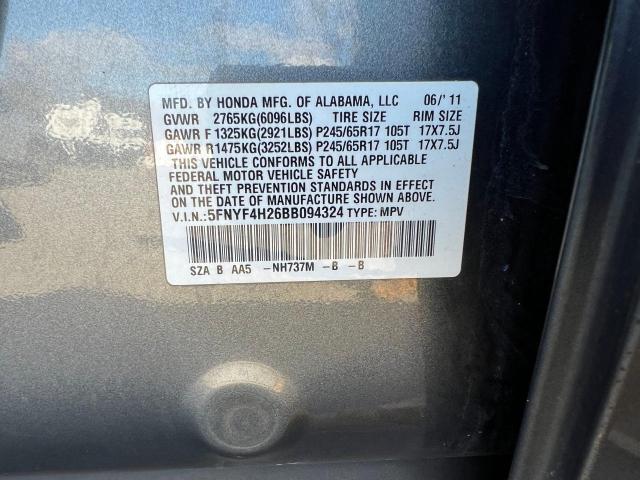 5FNYF4H26BB094324 - 2011 HONDA PILOT LX GRAY photo 10