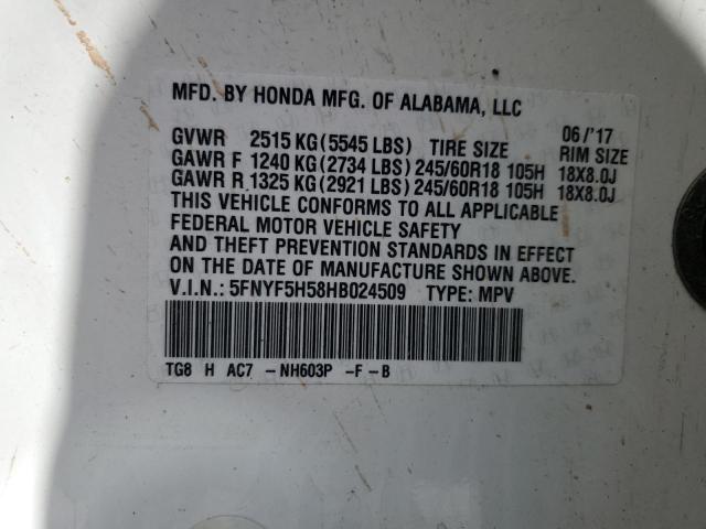 5FNYF5H58HB024509 - 2017 HONDA PILOT EXL WHITE photo 13