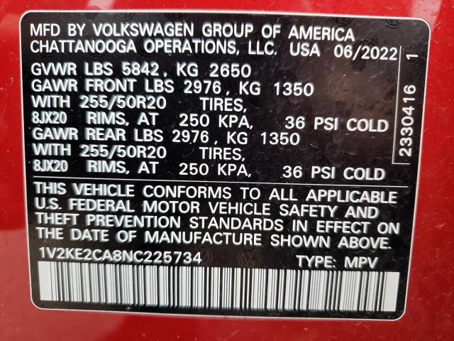 1V2KE2CA8NC225734 - 2022 VOLKSWAGEN ATLAS CROS SE Красный фото 12