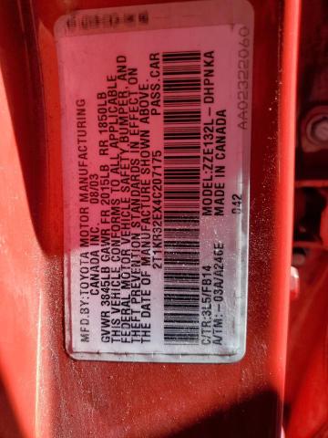 2T1KR32EX4C207175 - 2004 TOYOTA COROLLA MA XR RED photo 12