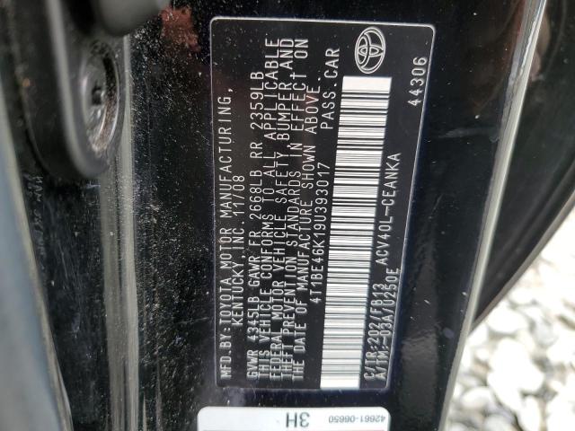 4T1BE46K19U393017 - 2009 TOYOTA CAMRY BASE BLACK photo 12