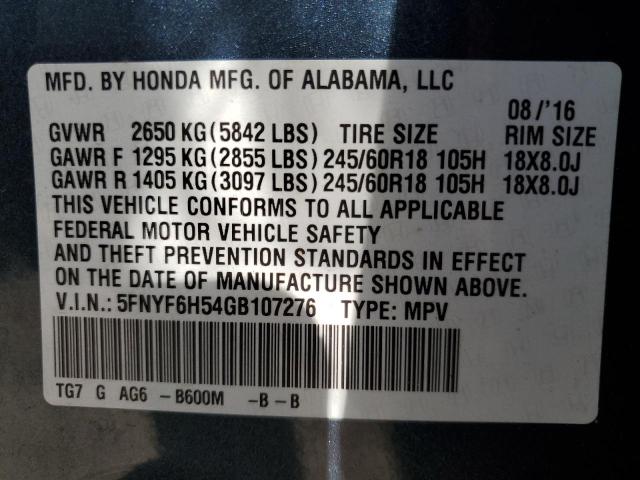 5FNYF6H54GB107276 - 2016 HONDA PILOT EXL BLUE photo 14