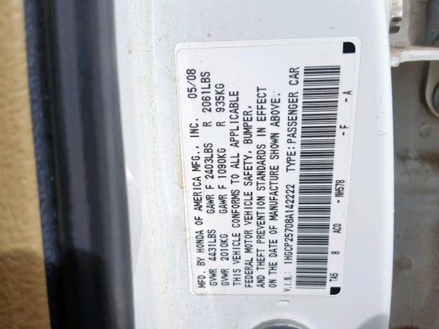 1HGCP25708A142222 - 2008 HONDA ACCORD EX  photo 10