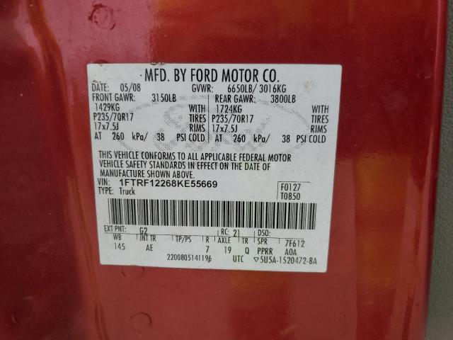 1FTRF12268KE55669 - 2008 FORD F150 RED photo 12