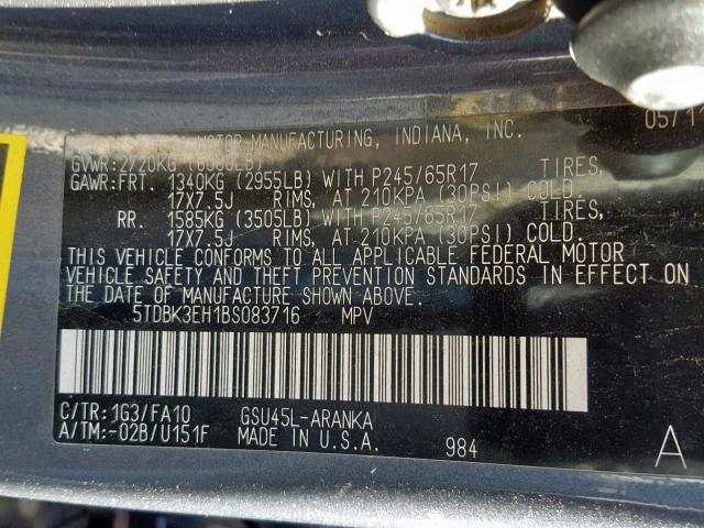 5TDBK3EH1BS083716 - 2011 TOYOTA HIGHLANDER BASE  photo 10