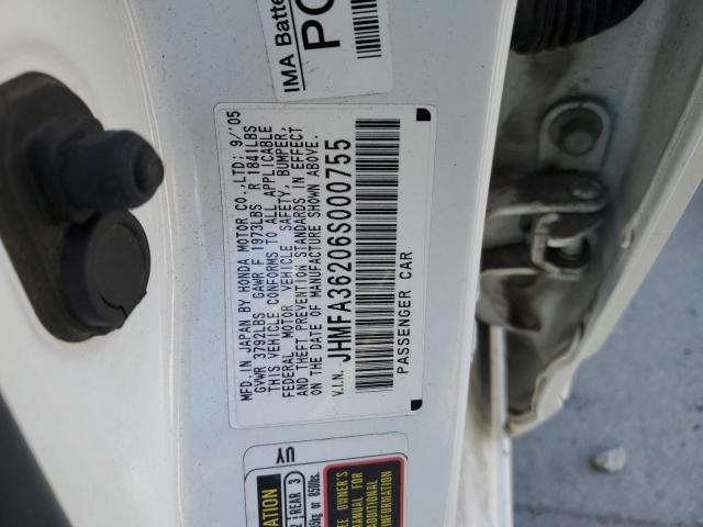 JHMFA36206S000755 - 2006 HONDA CIVIC HYBRID WHITE photo 12