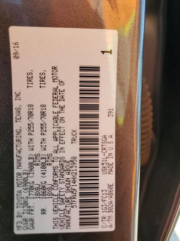 5TFRW5F14HX213958 - 2017 TOYOTA TUNDRA DOUBLE CAB SR/SR5 GRAY photo 12