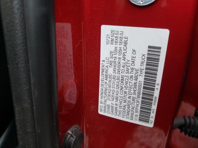 5FPYK3F78NB000931 - 2022 HONDA RIDGELINE RTL RED photo 12