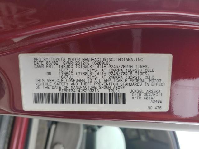 5TBRT34142S290013 - 2002 TOYOTA TUNDRA ACCESS CAB წითელი ფოტო 12