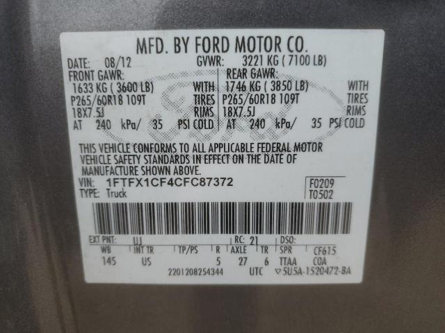 1FTFX1CF4CFC87372 - 2012 FORD F150 SUPER CAB GRAY photo 12