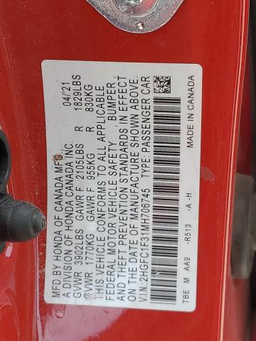 2HGFC1F31MH706745 - 2021 HONDA CIVIC EX RED photo 13