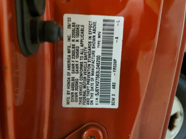 5J6YH27583L046200 - 2003 HONDA ELEMENT EX ORANGE photo 12