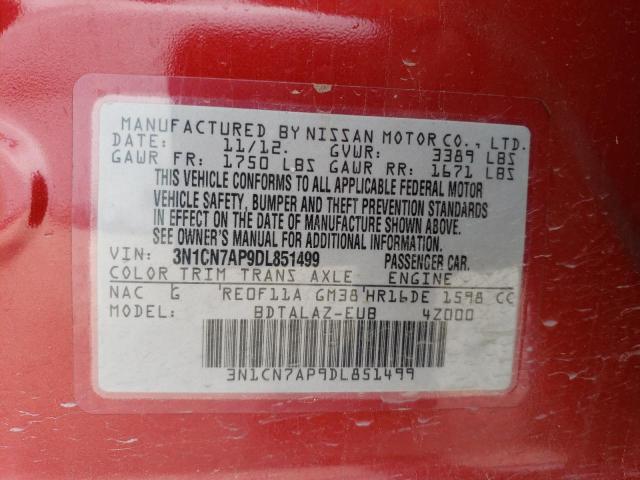 3N1CN7AP9DL851499 - 2013 NISSAN VERSA S RED photo 12