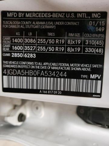 4JGDA5HB0FA534244 - 2015 MERCEDES-BENZ ML 350 4MATIC WHITE photo 12