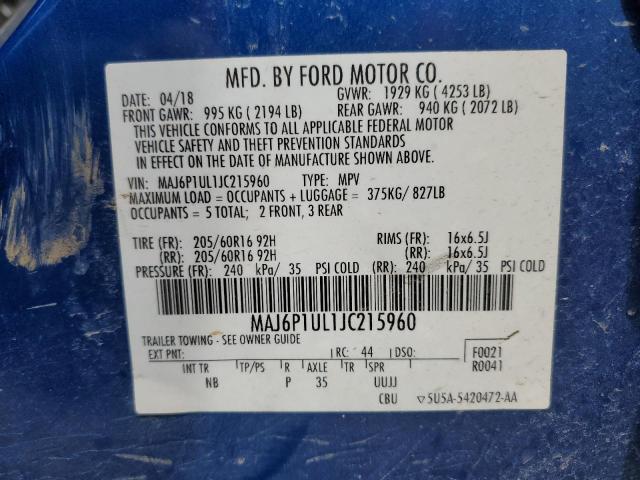 MAJ6P1UL1JC215960 - 2018 FORD ECOSPORT SE Bleu photo 13