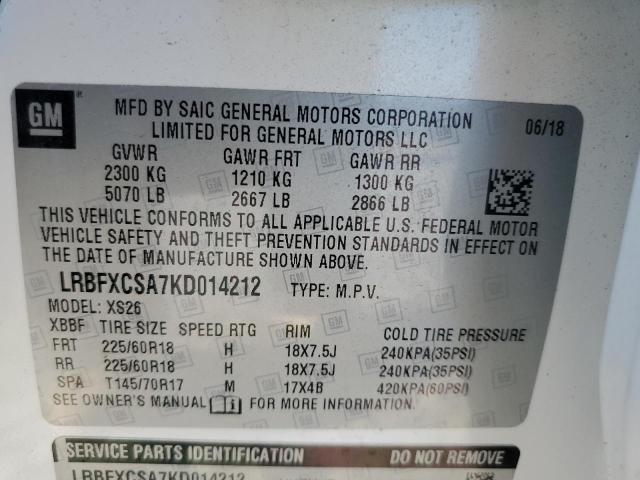 LRBFXCSA7KD014212 - 2019 BUICK ENVISION ESSENCE WHITE photo 14