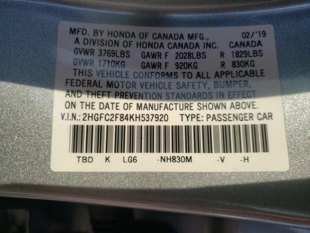 2HGFC2F84KH537920 - 2019 HONDA CIVIC SPORT 银色 照片 12