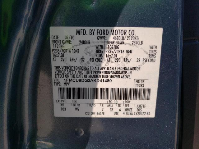 1FMCU9DG2AKD41480 - 2010 FORD ESCAPE XLT BLUE photo 12