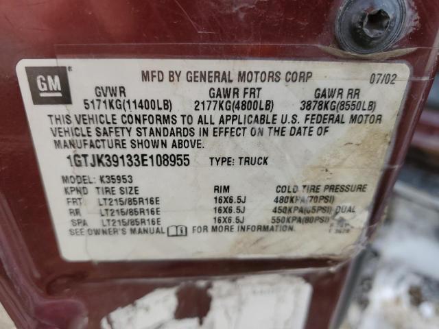 1GTJK39133E108955 - 2003 GMC NEW SIERRA K3500 BURGUNDY photo 12