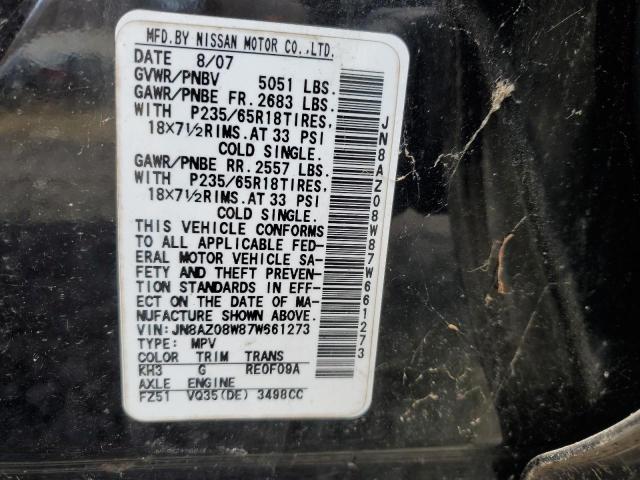 JN8AZ08W87W661273 - 2007 NISSAN MURANO SL BLACK photo 12