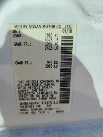 1N4BL4BV4KC110511 - 2019 NISSAN ALTIMA S WHITE photo 12