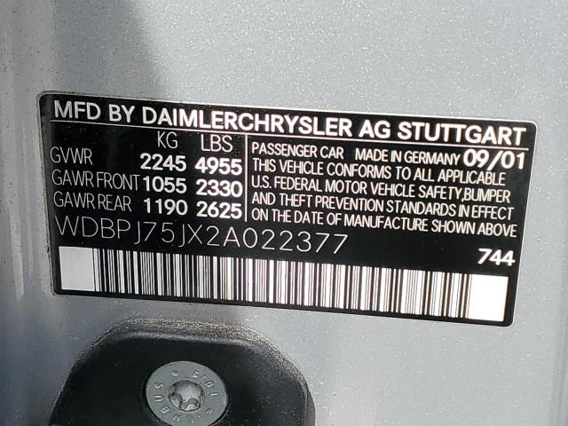 WDBPJ75JX2A022377 - 2002 MERCEDES-BENZ CL 500 SILVER photo 12