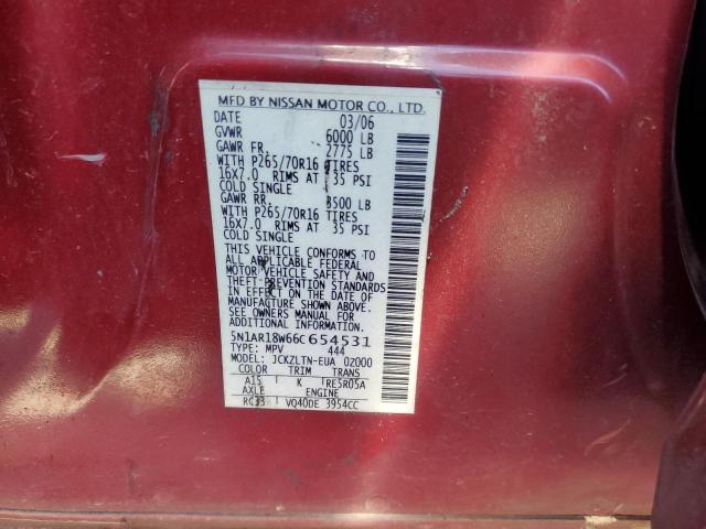 5N1AR18W66C654531 - 2006 NISSAN PATHFINDER LE 红色 照片 13