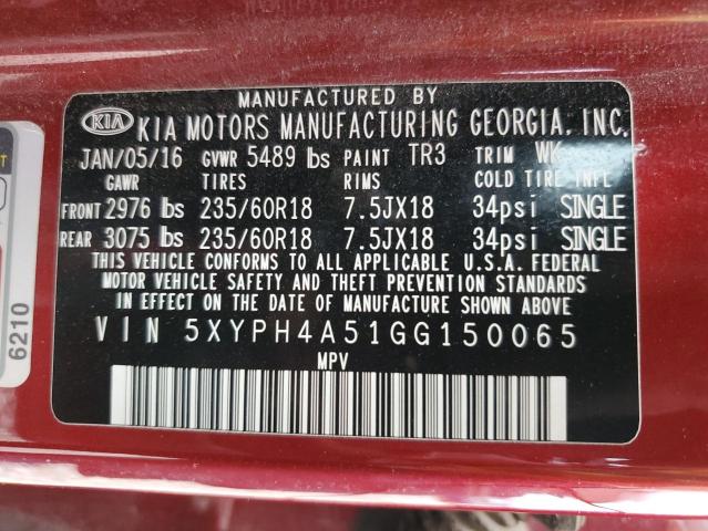 5XYPH4A51GG150065 - 2016 KIA SORENTO EX RED photo 13