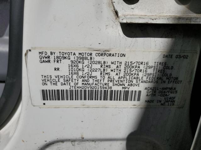 JTEHH20V920159438 - 2002 TOYOTA RAV4 WHITE photo 14