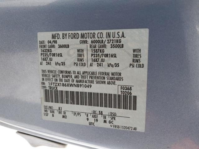 1FTZX186XWNB91049 - 1998 FORD F150 BLUE photo 12