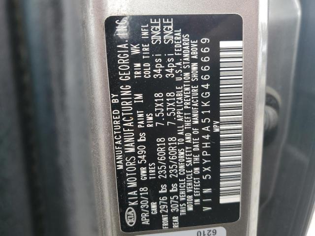 5XYPH4A51KG466669 - 2019 KIA SORENTO EX SILVER photo 12