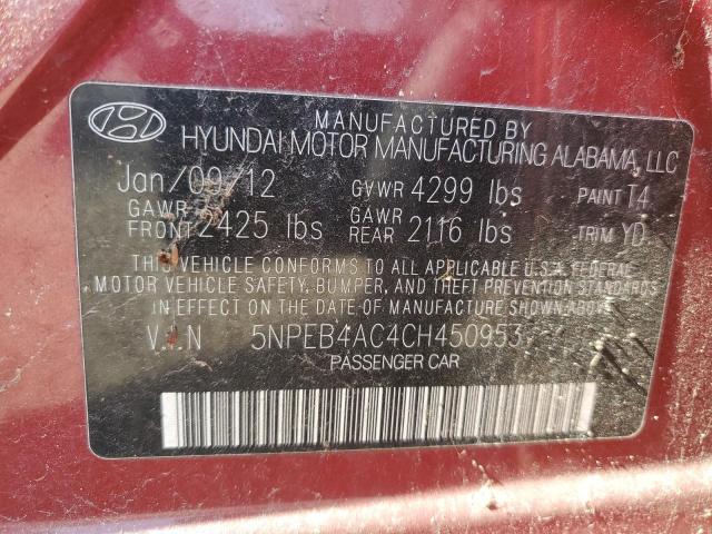 5NPEB4AC4CH450953 - 2012 HYUNDAI SONATA GLS RED photo 12