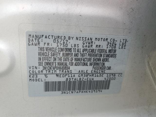 3N1CN7APXHK459594 - 2017 NISSAN VERSA S SILVER photo 13