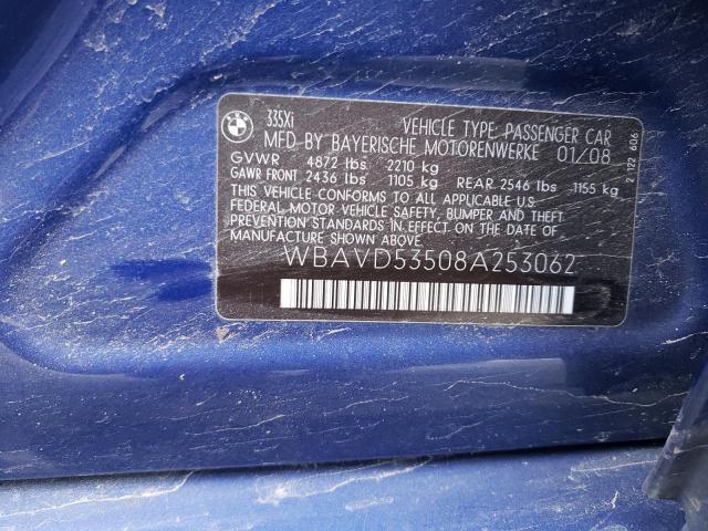 WBAVD53508A253062 - 2008 BMW 335 XI BLUE photo 12