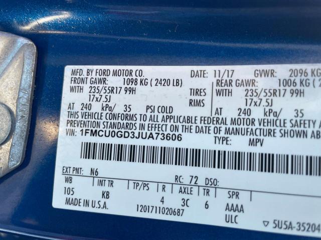 1FMCU0GD3JUA73606 - 2018 FORD ESCAPE SE BLUE photo 10