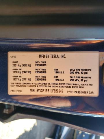 5YJ3E1EB1LF622949 - 2020 TESLA MODEL 3 BLUE photo 13