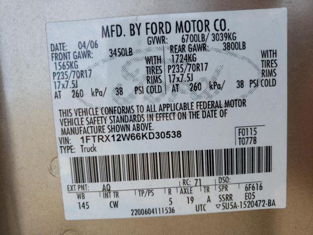 1FTRX12W66KD30538 - 2006 FORD F150 TAN photo 12