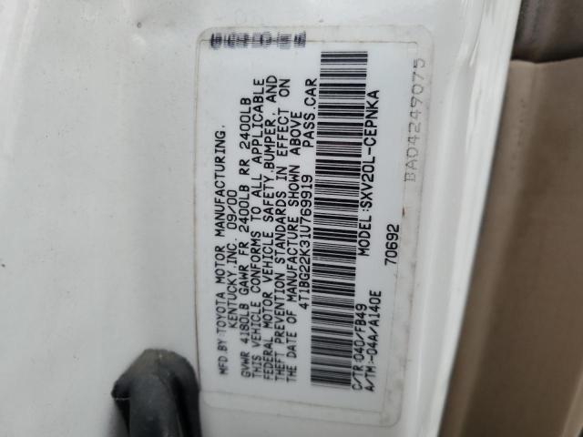 4T1BG22K31U769919 - 2001 TOYOTA CAMRY CE WHITE photo 12