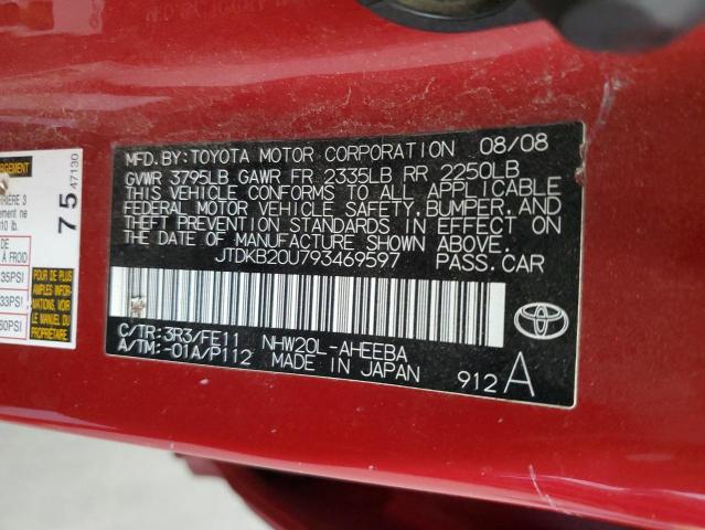 JTDKB20U793469597 - 2009 TOYOTA PRIUS RED photo 12