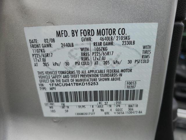 1FMCU94178KD15253 - 2008 FORD ESCAPE LIMITED SILVER photo 12