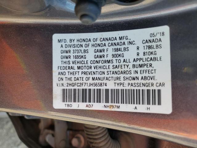 2HGFC2F71JH565874 - 2018 HONDA CIVIC EX GRAY photo 12