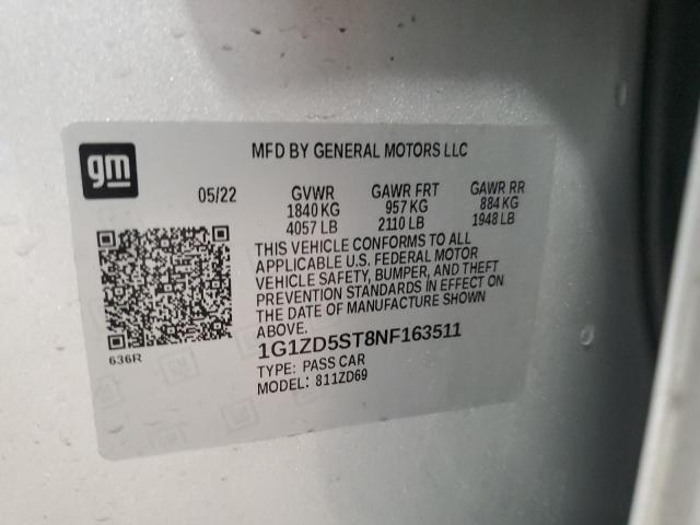 1G1ZD5ST8NF163511 - 2022 CHEVROLET MALIBU LT SILVER photo 12