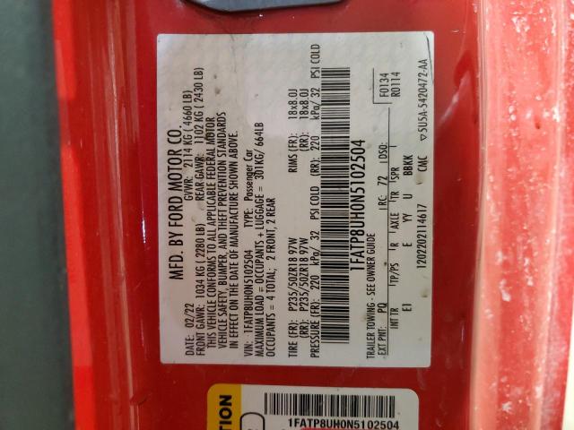 1FATP8UH0N5102504 - 2022 FORD MUSTANG RED photo 12