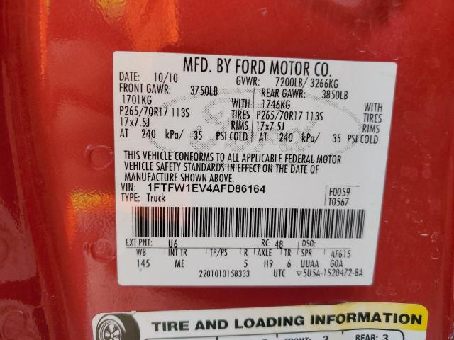 1FTFW1EV4AFD86164 - 2010 FORD F150 SUPERCREW RED photo 12