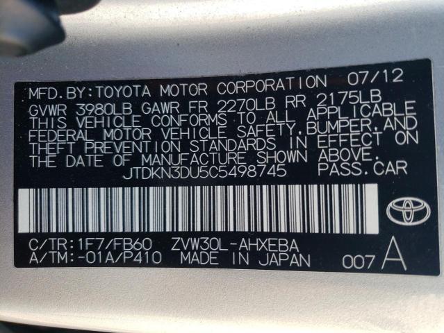 JTDKN3DU5C5498745 - 2012 TOYOTA PRIUS SILVER photo 12