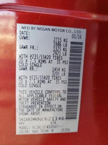 5N1AR2MN8GC621146 - 2016 NISSAN PATHFINDER S 红色 照片 14