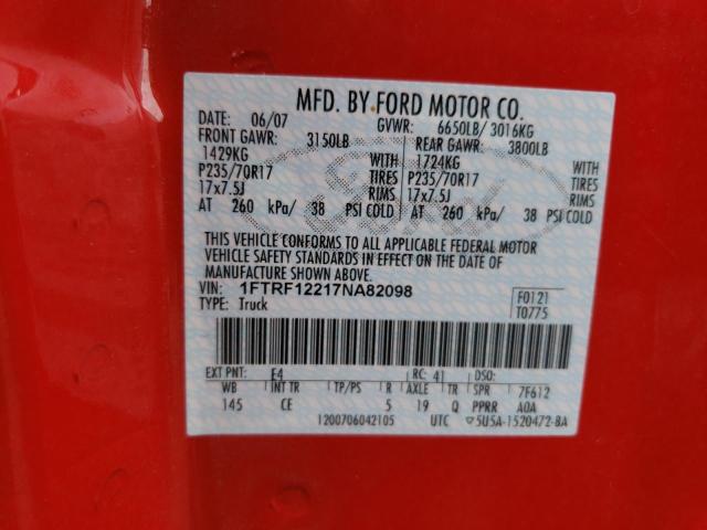 1FTRF12217NA82098 - 2007 FORD F150 RED photo 12