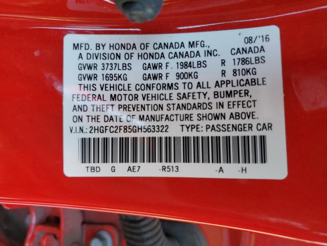 2HGFC2F85GH563322 - 2016 HONDA CIVIC EX RED photo 12